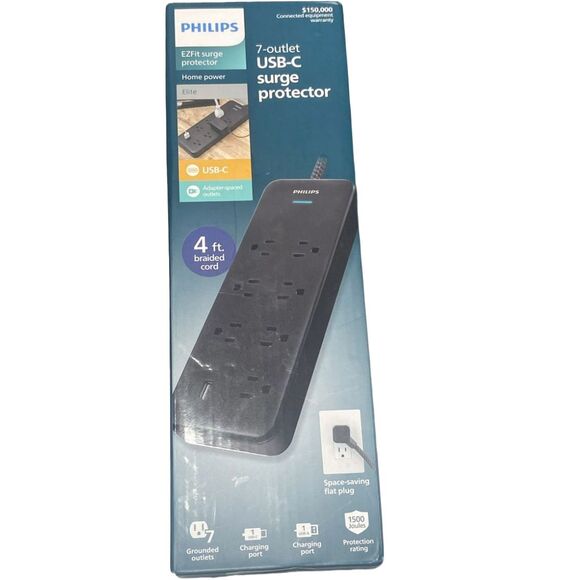 Philips 7 Outlet Surge Protector Power Strip USB Charging 4ft Cord Black - Picture 3 of 8